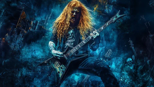 High-contrast metal guitarist in blue spectral smoke with angular guitar