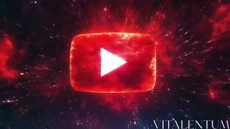 YouTube play icon glows inside cosmic red energy field.