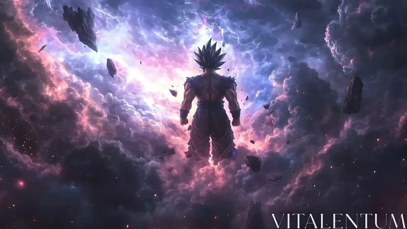 Spiky haired warrior stands in glowing cosmic storm clouds.