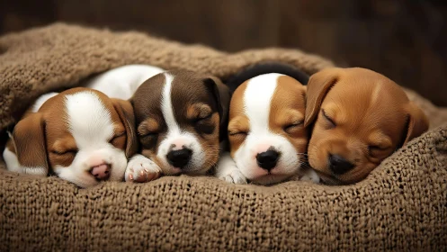 Four sleepy beagle puppies nestle together under a blanket.