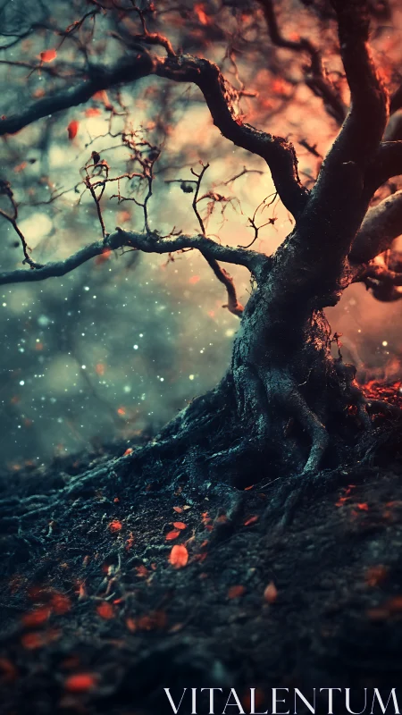 Firelit forest elder bending over embers and stardust.