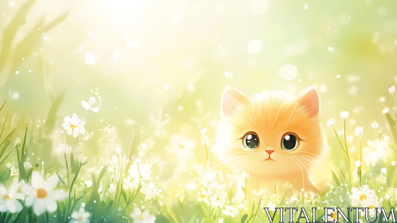 Adorable Orange Kitten in Blooming Meadow With Soft Glowing Light