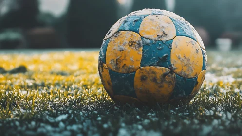 Weathered soccer ball rests on frosty sunlit grass field.