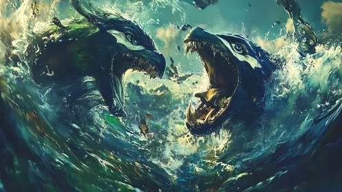 Tidal Leviathans Roar: Twin Sea Beasts Locked in Fury.