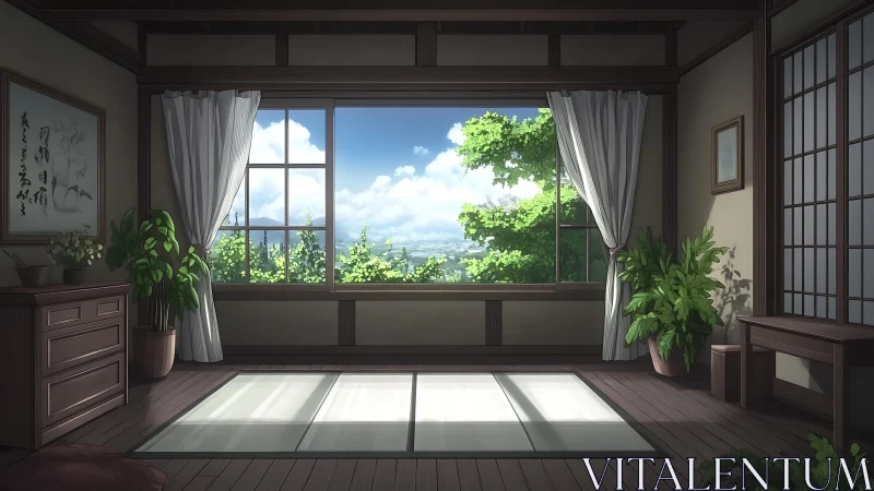 Quiet sunlit tatami room opening gently to summer skies.