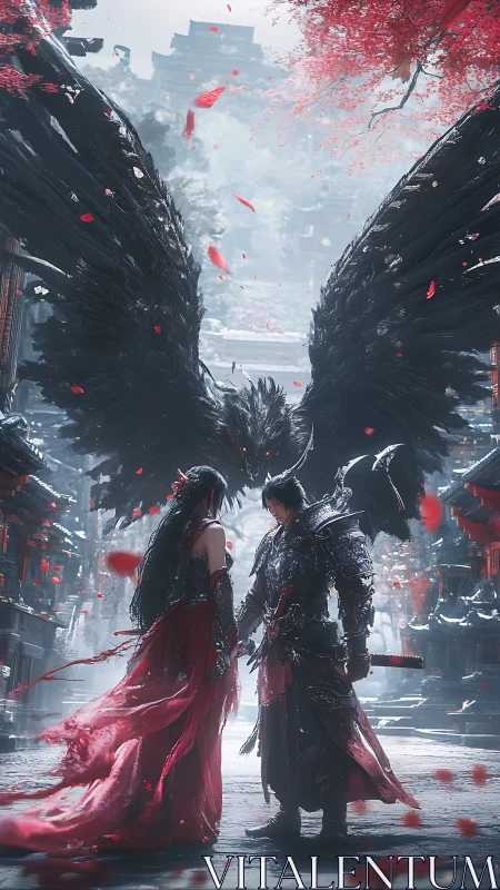 Dark-winged guardian shadows romantic warriors in snowbound shrine.