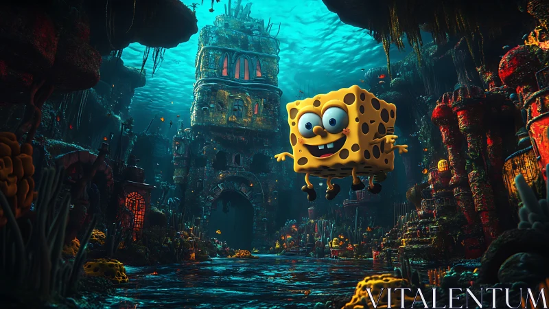 Cartoon sponge character floats in detailed 3D seascape