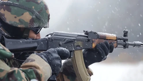 Winter soldier focusing through snowfall’s quiet tension.
