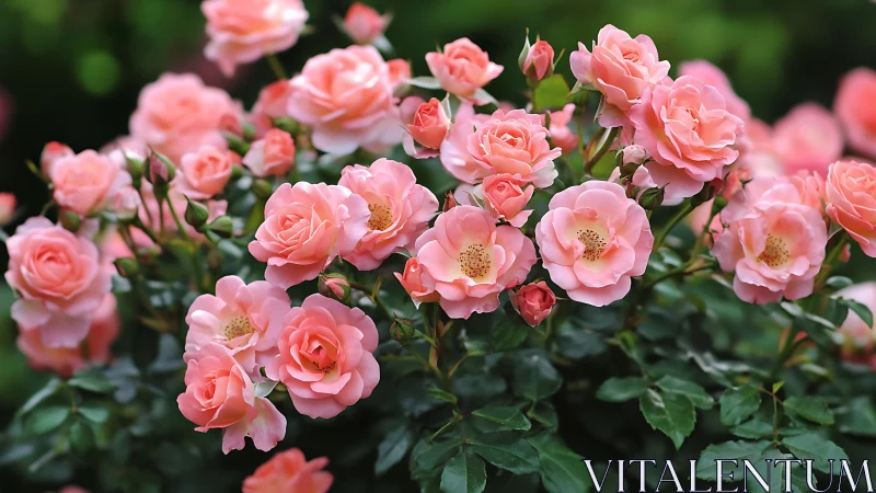 Pink flowering roses in full bloom against green foliage