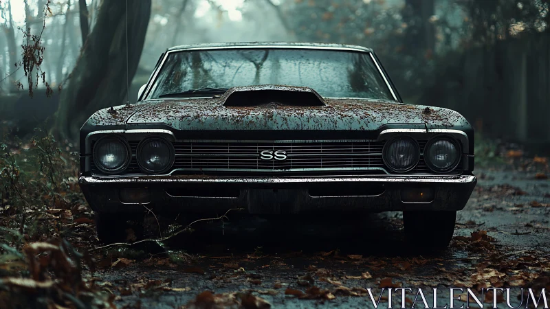 Photorealistic front view of abandoned SS muscle car in forest.