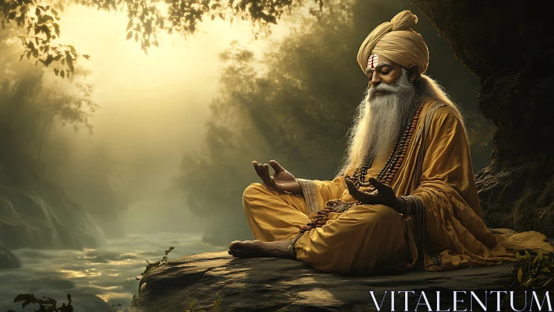 Mystic sage meditating by luminous forest river at dawn.