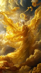 Golden celestial figure dissolves into radiant atmospheric currents