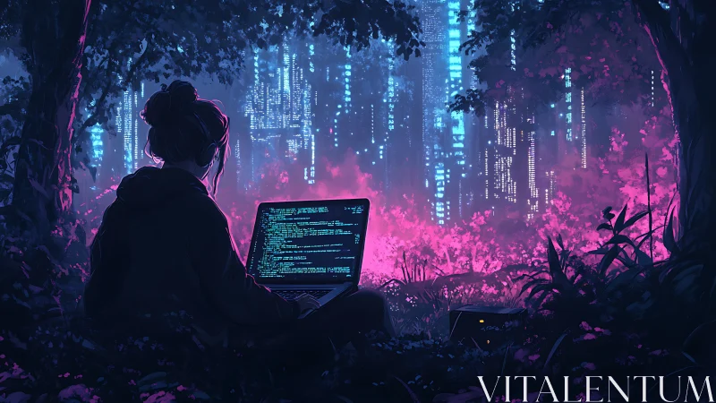 Cyberpunk forest coder in neon bioluminescent datastreams.