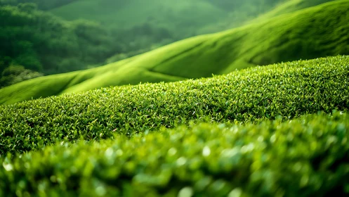 Tea leaves roll into soft green waves across misty hills
