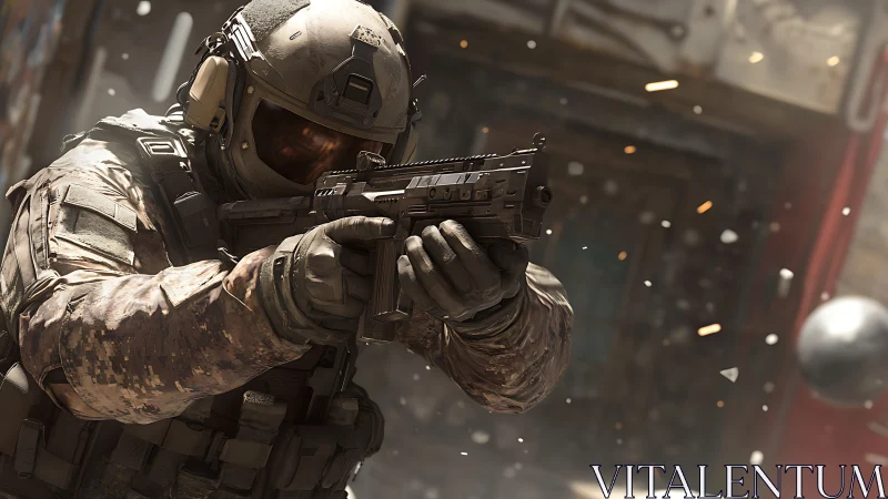 Armored soldier advances through chaotic urban firefight