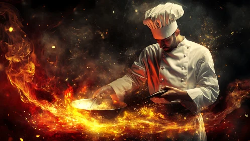 Chef with Flaming Pan in Fire Kitchen Scene.