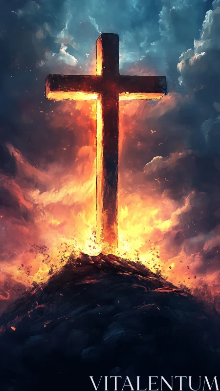 Illuminated cross emerging from fiery ground under clouds.