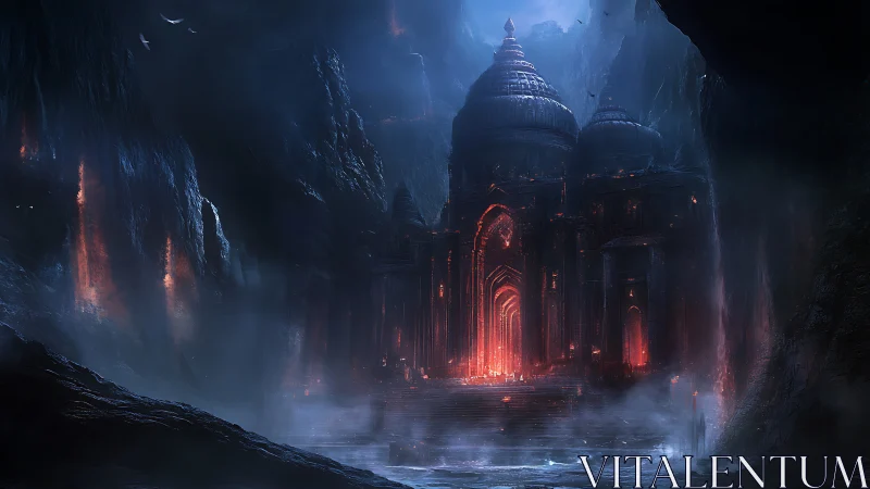 Subterranean temple complex with red illuminated arches.