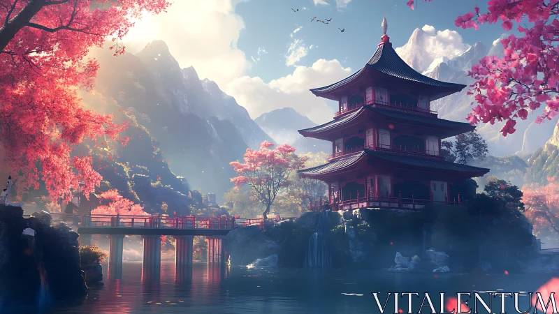 Radiant pagoda beside alpine lake in chromatic autumn glow.