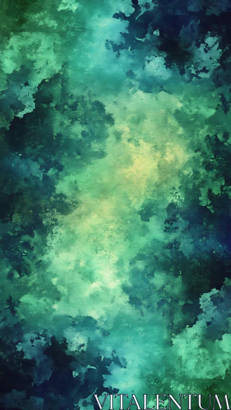 Textured teal and emerald watercolor cloudfield vertical study.