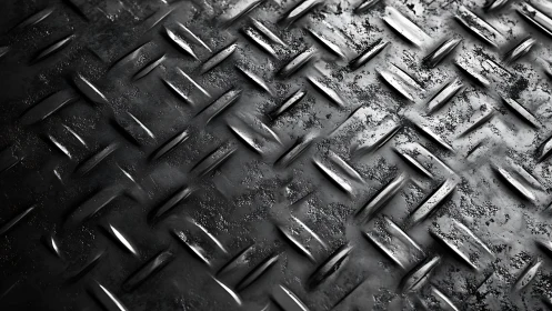 Industrial steel tread plate surface shows worn raised pattern