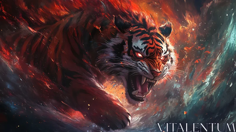 Blazing cosmic tiger charging through swirling fiery storm.