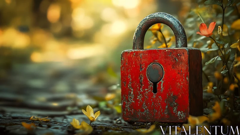 Weathered red padlock amid shallow‑focus woodland flora.