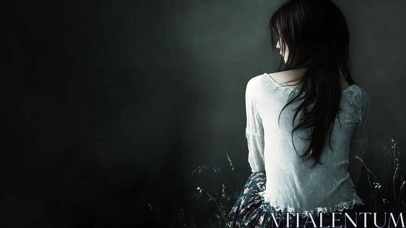 Solitary young woman in side-back view, soft rim lighting study