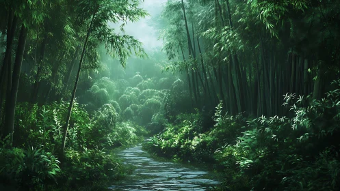 Misty Bamboo Forest Ravine with Cascading Stream and Verdant Canopy