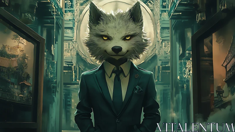 Sharp suited wolf-headed figure commands a moody neon hall