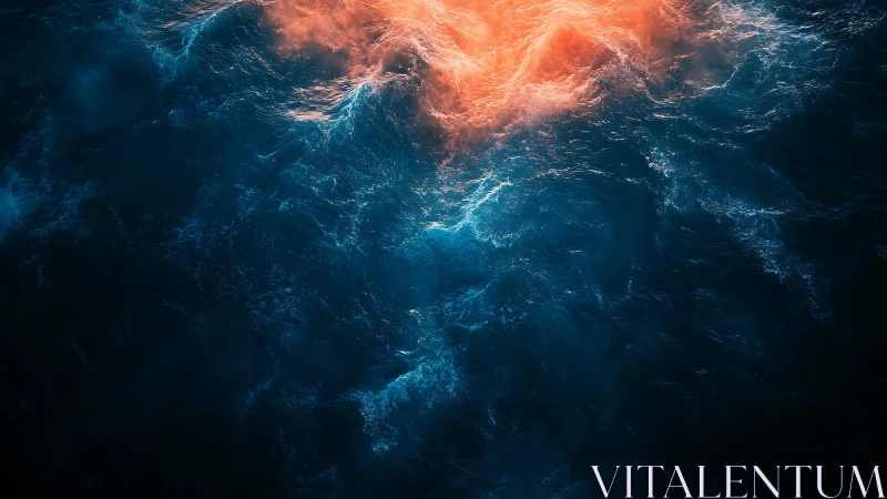 Orange light illuminates turbulent dark blue ocean waves