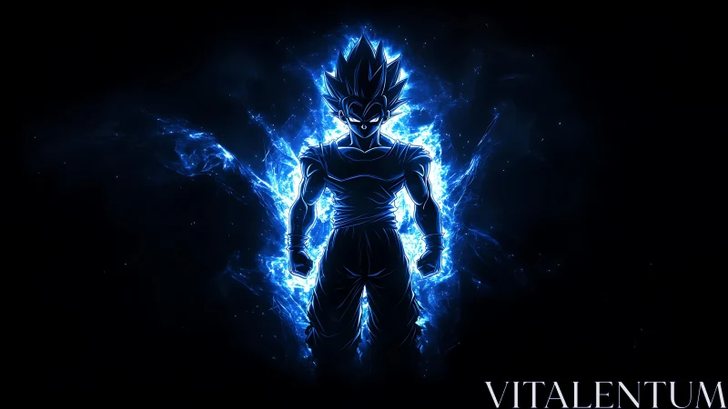 Silhouetted energy warrior stands in blue electric aura