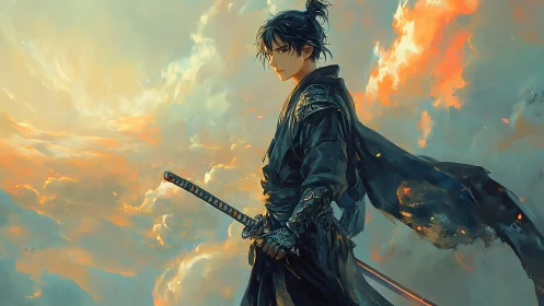 Lone anime swordsman stands against blazing painted sky.