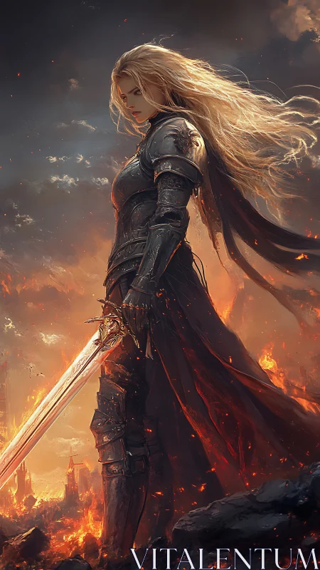 Armored female warrior with flaming sword in ruinous landscape.