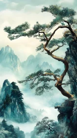 Mountain landscape with pine tree and distant misty peaks.
