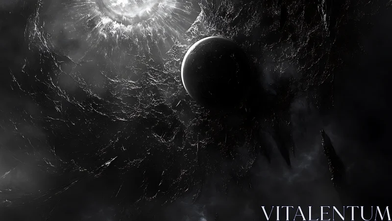 Concept art of fractured cosmic void with eclipsed planet.