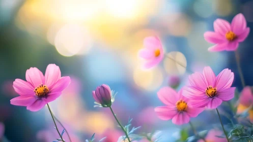 Pink Cosmos Flowers in Soft Sunlight Garden