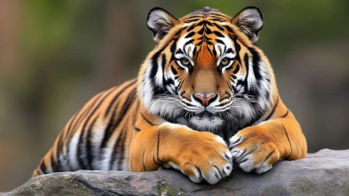 Photorealistic tiger portrait with shallow depth-of-field focus.
