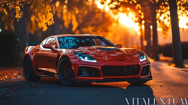 Crimson sports car under golden sunset along tree-lined road.