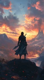 Lone cloaked warrior overlooks burning valley at dawn