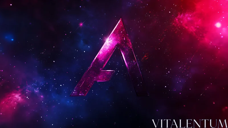 Neon magenta letter A rendered as glossy galactic monolith in space