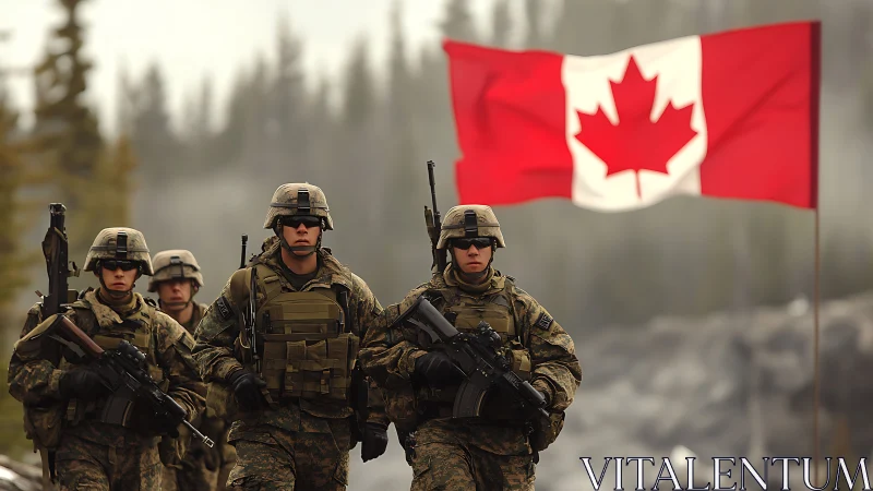 Armed Canadian soldiers advance in woodland terrain before large flag