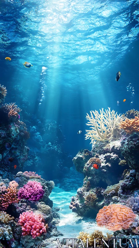Sunlit coral reef scene shows structured marine composition