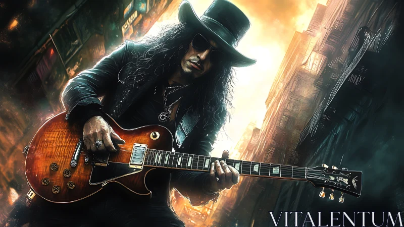 Electric guitarist in dark attire performing in city alley.