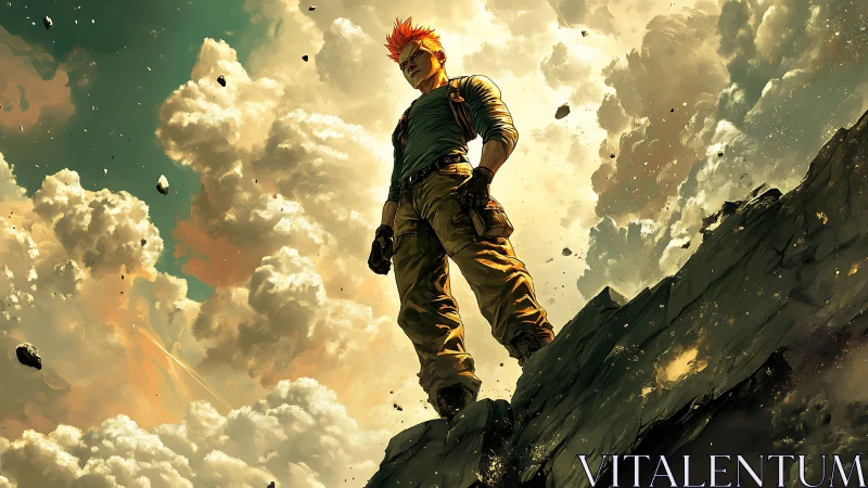 Skybound warrior stands over shattered cliff edge