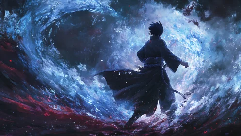 Vortex-bound swordsman within turbulent elemental waveform.