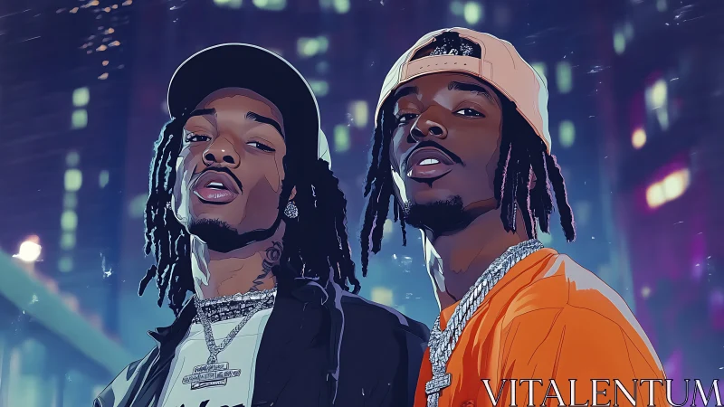 Urban rap duo portrait under neon city lights.