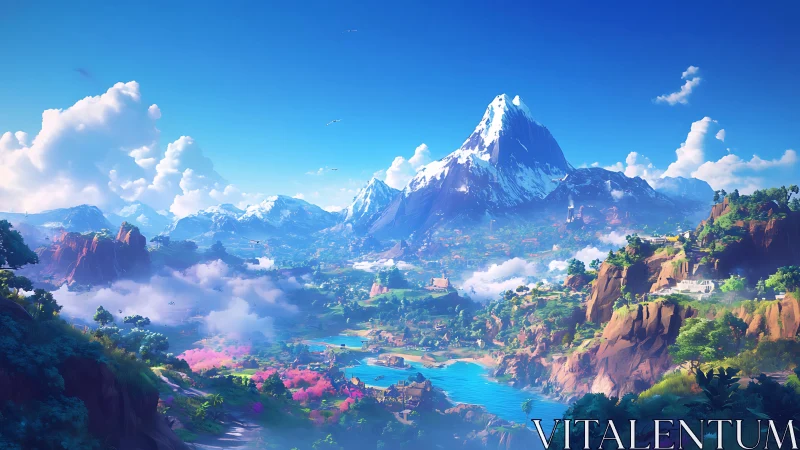 Vast fantasy valley with snowy central mountain peak.