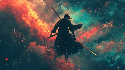 Lone samurai silhouette against fiery cosmic sky.