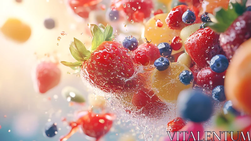 Fresh mixed berries and fruit slices in splashing water.